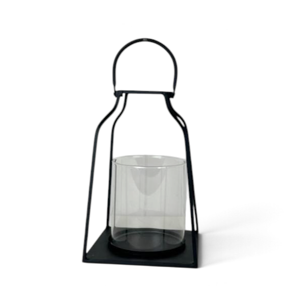 Maison Oie black metal lantern with a clear glass candle holder insert and a minimalist arched handle