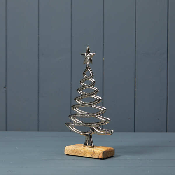 Silver Metal Christmas Tree on Wooden Base
