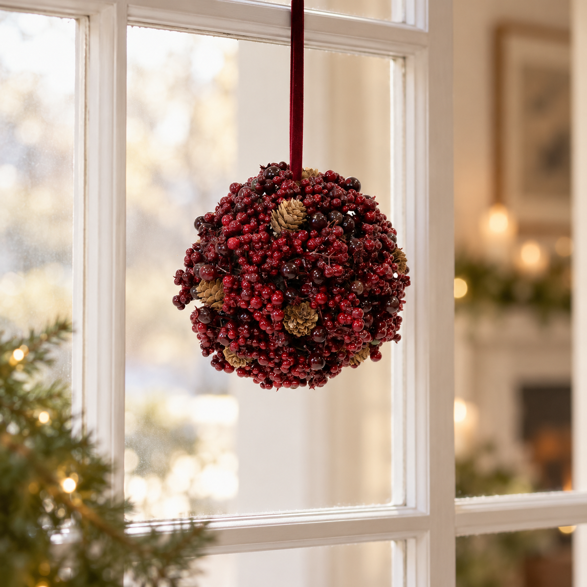Luxury Hanging Ball Burgundy Berry with Mini Pinecone
