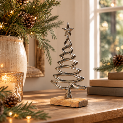 Silver Metal Christmas Tree on Wooden Base