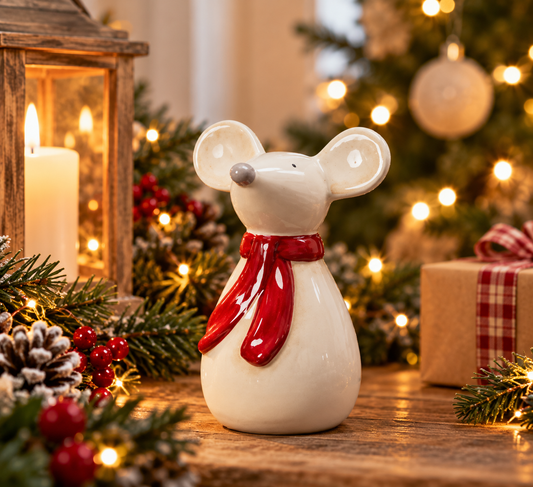 Ceramic Christmas Mouse with Red Scarf