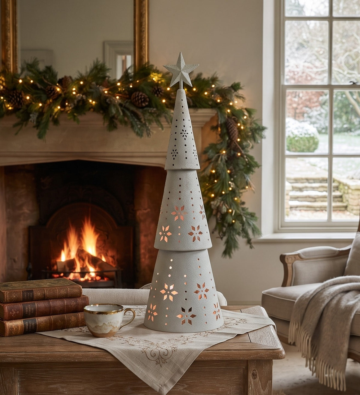 Off-White Metal Cutout LED Christmas Tree – 70cm
