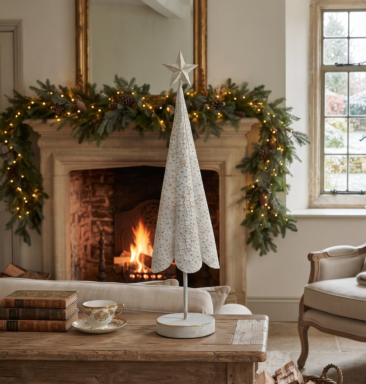 Off White Christmas Tree with Brushed Gold Stars – Large