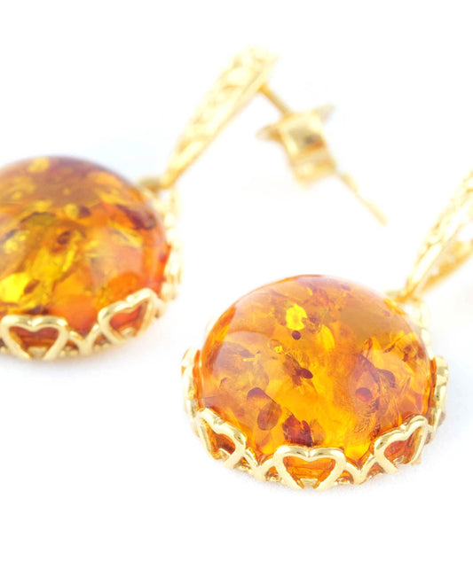 Amber Drop Earrings with Gold Floral Accent