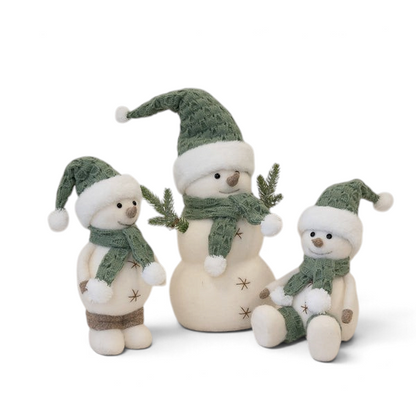 Maison Oie set of three felt snowmen in sage green and white with knitted hats and scarves for Christmas decor