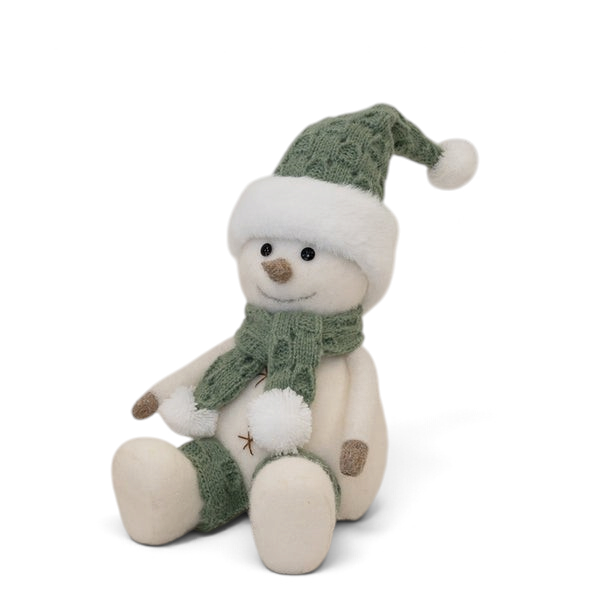 Maison Oie felt sitting snowman in sage green and white with a knitted hat and scarf, 21cm tall Christmas decor.