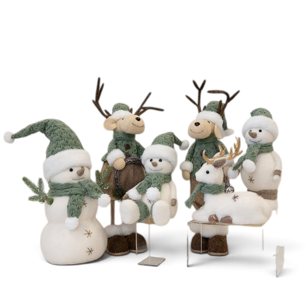 Maison Oie collection of felt snowmen and reindeer figurines in sage green and white winter holiday decor
