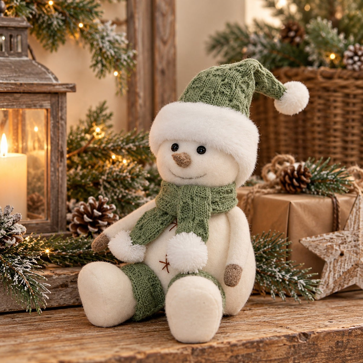 Maison Oie felt sitting snowman in sage green and white with a knitted hat and scarf on a rustic holiday table.