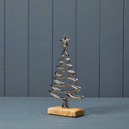 Silver Metal Christmas Tree on Wooden Base