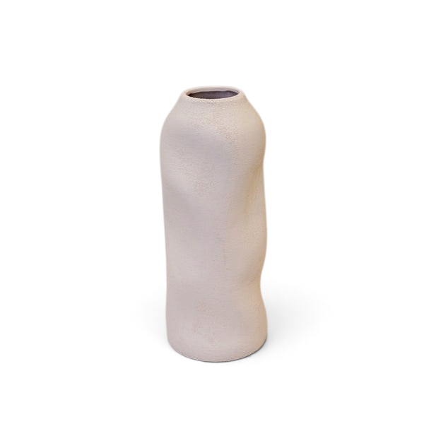 Maison Oie white tall sculptured vase with a unique textured organic shape on a wooden surface.