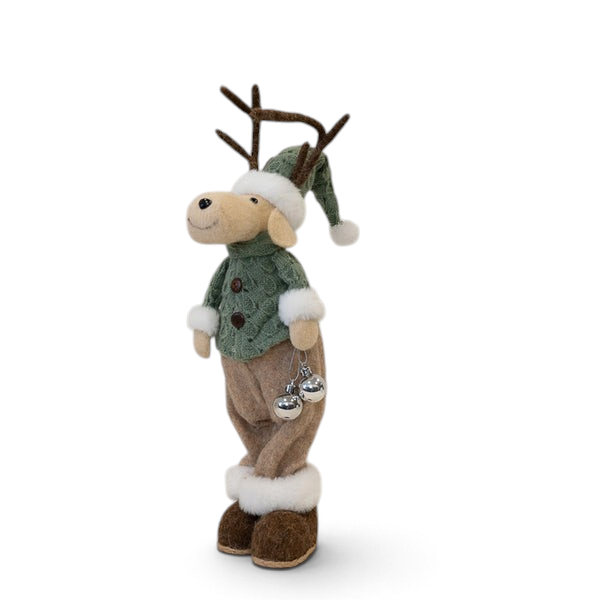 Maison Oie felt standing male elk figurine wearing a green cable knit sweater and matching hat with white trim.
