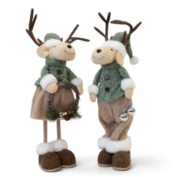 Maison Oie felt standing elk male and female pair wearing green knitted sweaters and hats with festive decorations