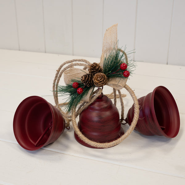 Hanging Trio of Red Bells on Hoop