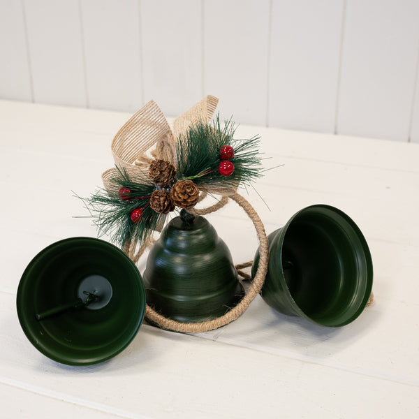 Hanging Trio of Green Bells on Hoop